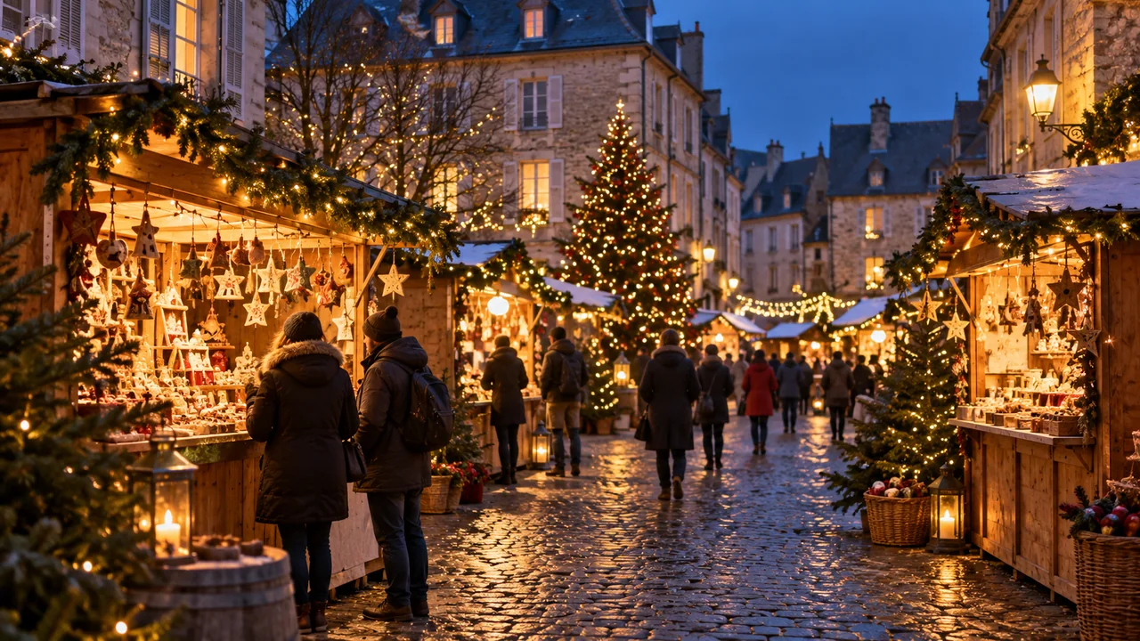 Illustration générée : marché de Noël français générique à la tombée du jour
