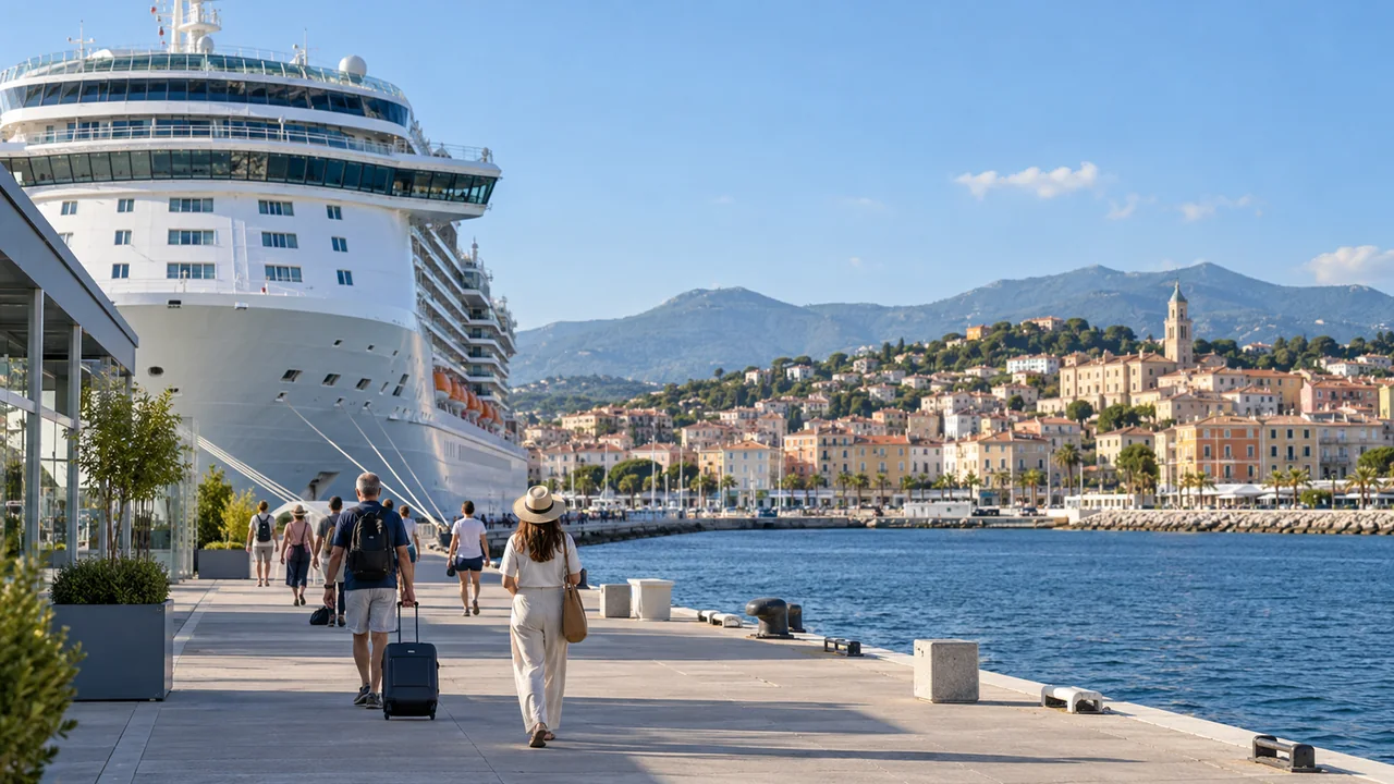 Illustration générée : navire de croisière à un terminal générique, sans port identifié