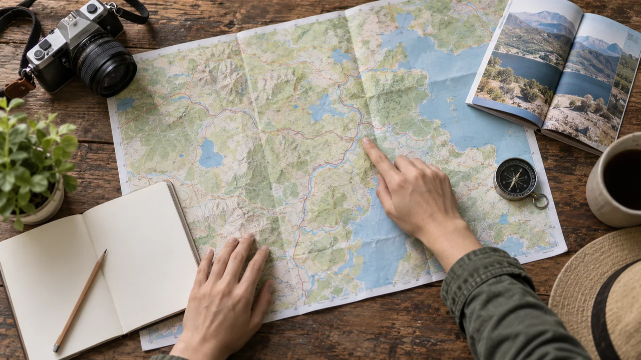Illustration générée : préparation d’un itinéraire avec carte, carnet et boussole