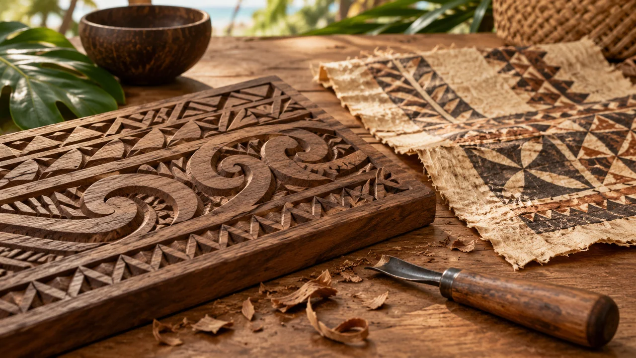 Illustration générée : bois sculpté et tapa aux motifs inspirés de la Polynésie