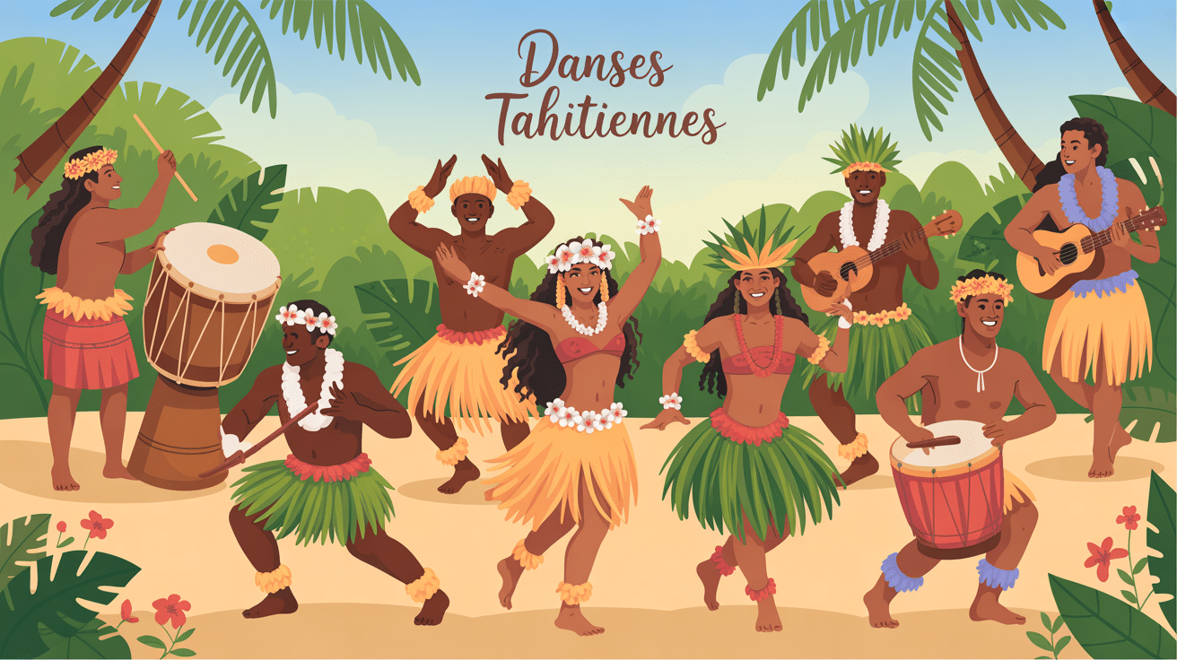 Célébration des danses tahitiennes avec musiciens.