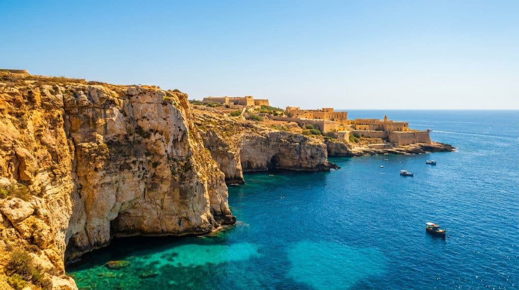 Falaises dorées surplombant une mer turquoise avec une forteresse historique en arrière-plan à Malte.