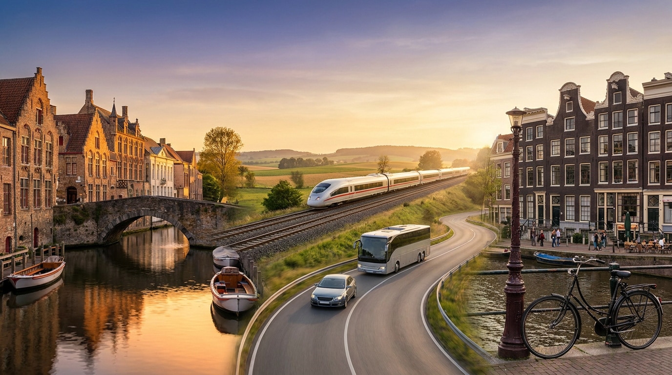 john-towner-3Kv48NS4WUU-unsplash Montage photo montrant les canaux de Bruges, un train à grande vitesse et les rues d'Amsterdam au coucher du soleil.