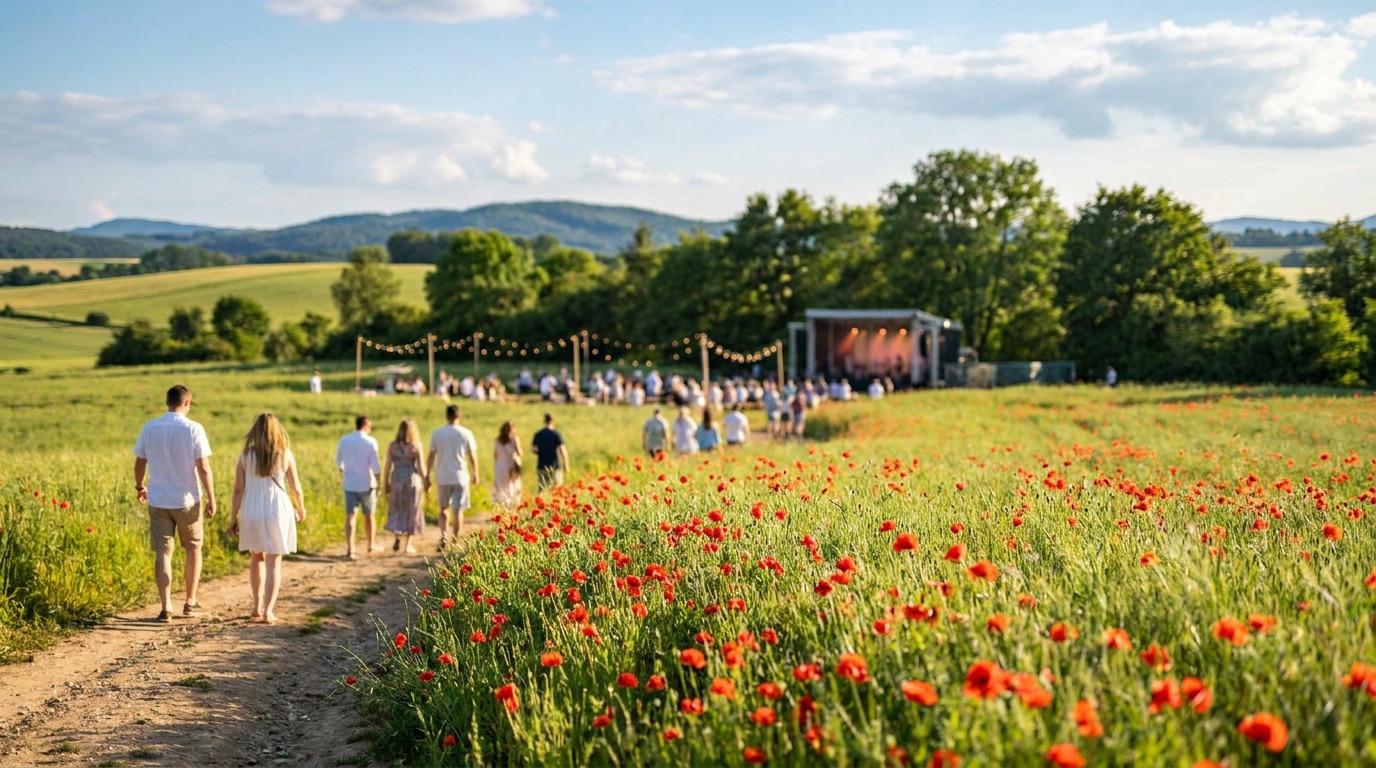 Groupe de personnes marchant sur un sentier bordé de coquelicots vers une scène de concert en plein air.