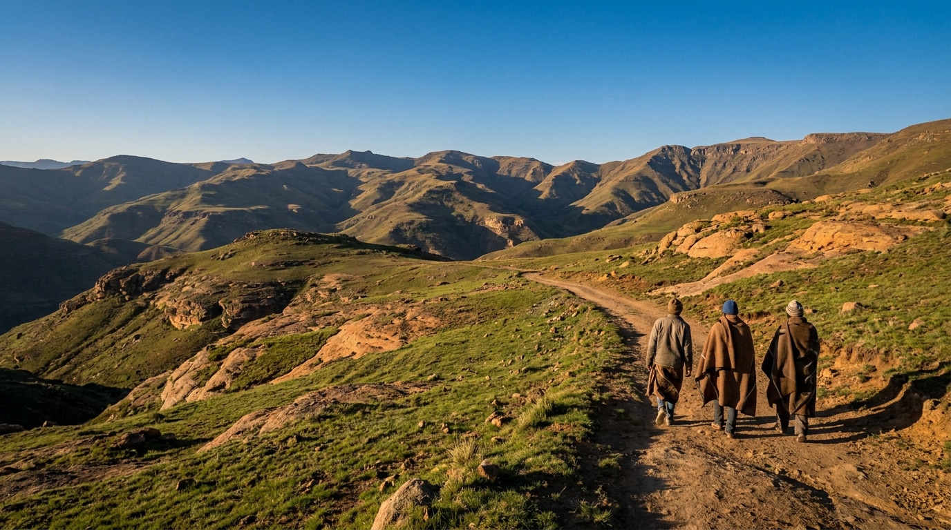 Trois personnes portant des couvertures traditionnelles marchent sur un sentier dans les montagnes du Lesotho.