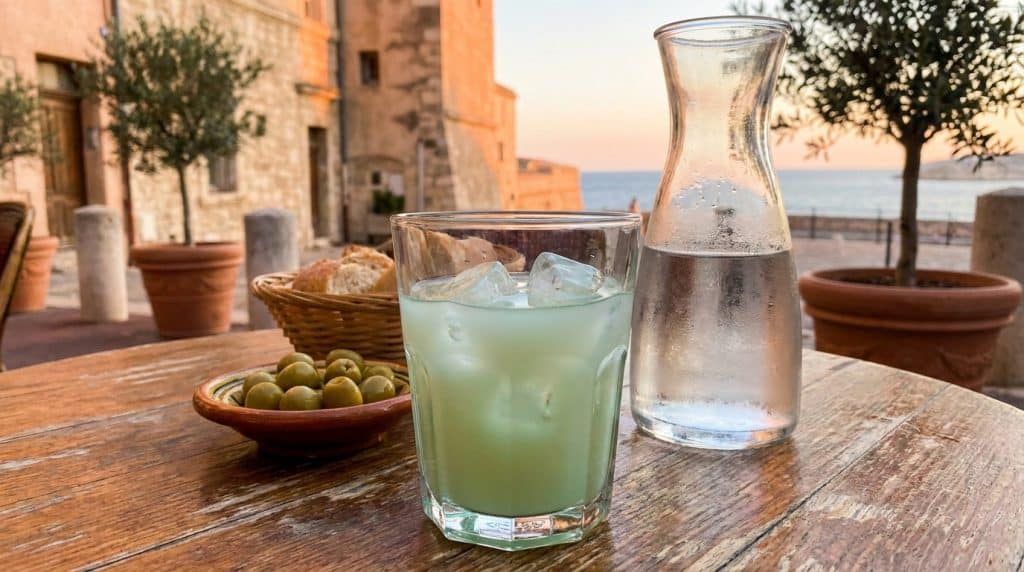 Un verre de pastis glacé avec une carafe d'eau et des olives sur une table en terrasse face à la mer.
