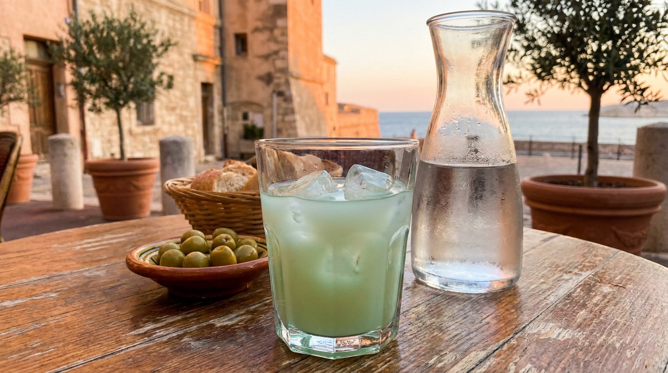 Un verre de pastis glacé avec une carafe d'eau et des olives sur une table en terrasse face à la mer.
