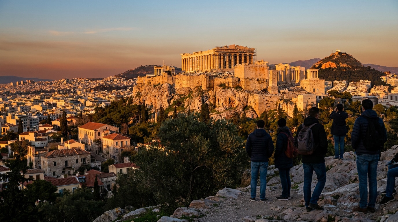 Vue panoramique du Parthénon sur l'Acropole d'Athènes au coucher du soleil, avec des touristes admirant le site antique.