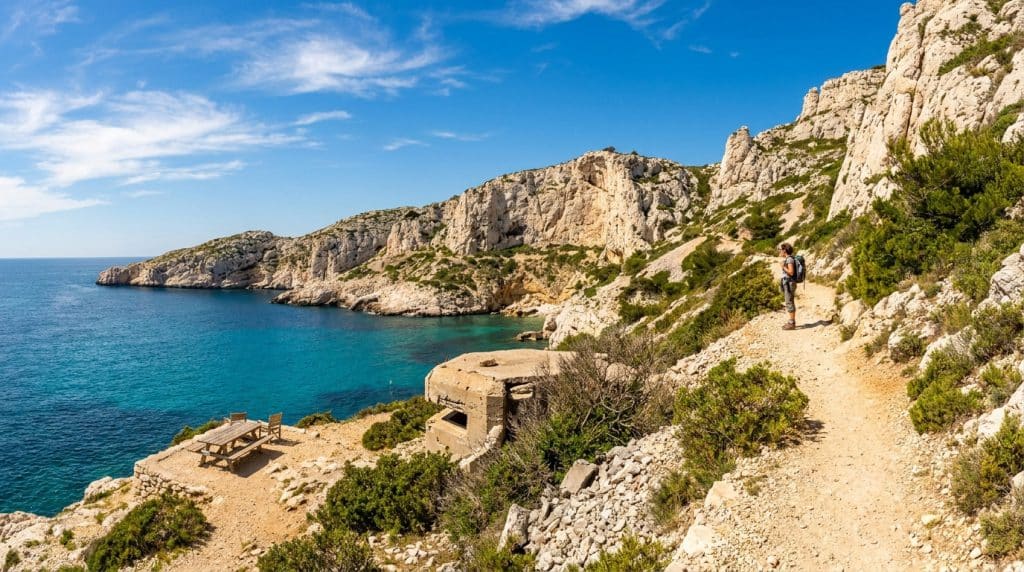 Randonneuse sur un sentier surplombant l'eau turquoise de la calanque de Marseilleveyre et un ancien blockhaus.
