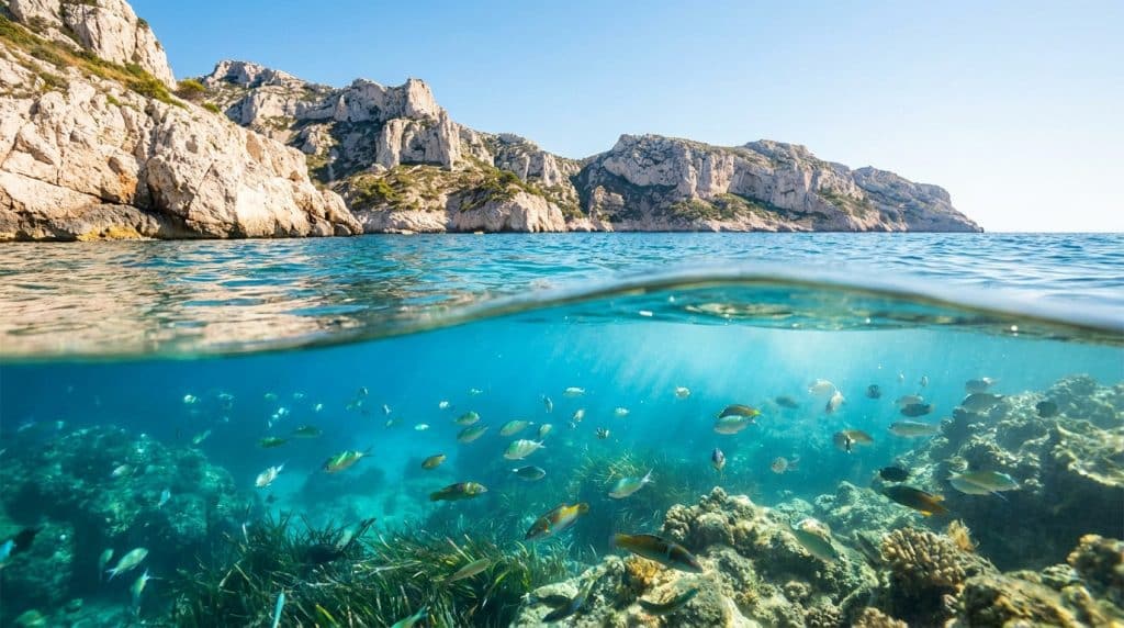 Une vue mi-air mi-eau montrant des poissons dans une eau cristalline avec les falaises des Calanques en arrière-plan.