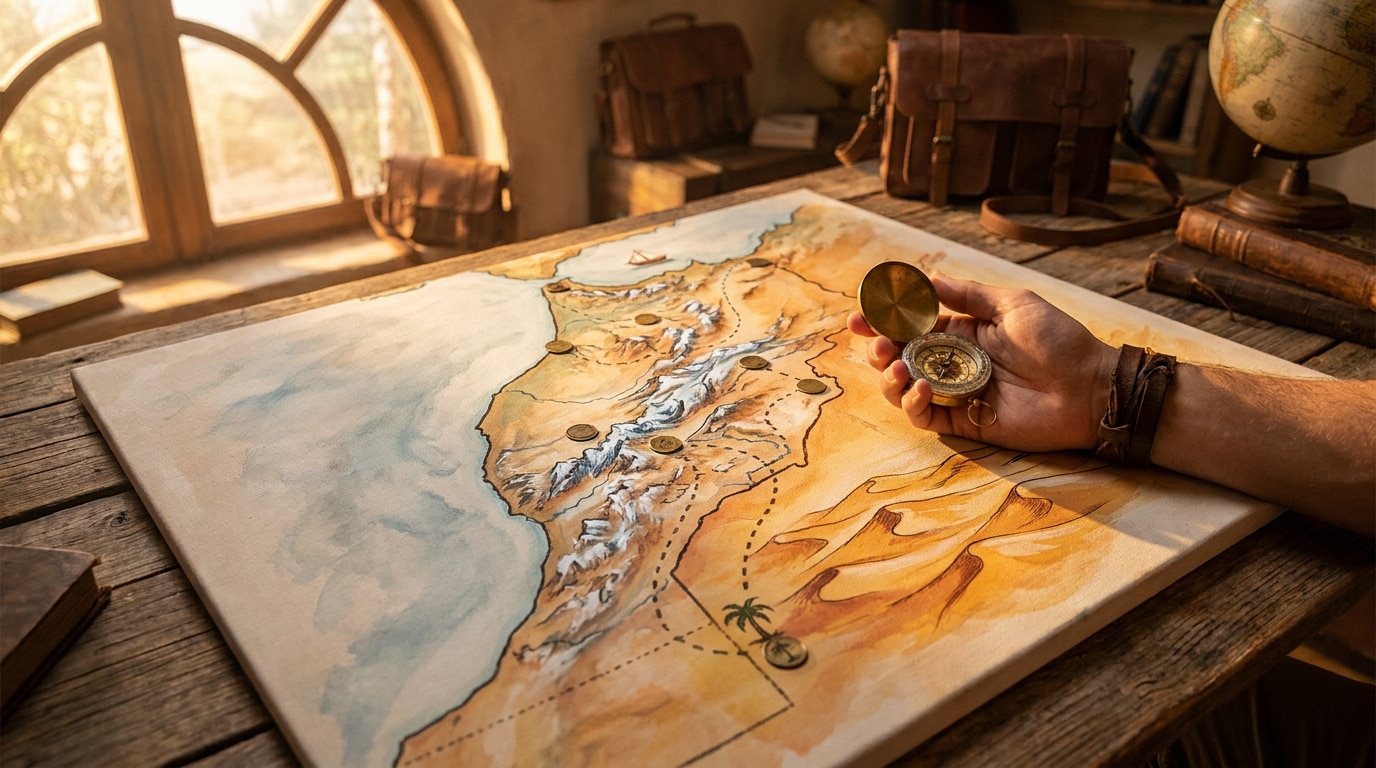 Une main tenant une boussole au-dessus d'une carte illustrée du Maroc posée sur un bureau en bois rustique.