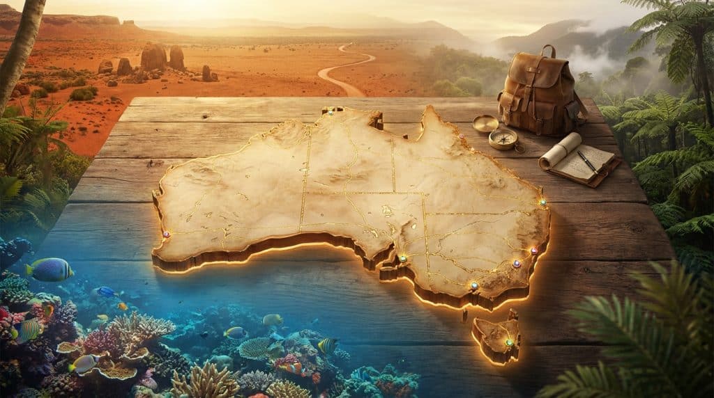 Carte stylisée de l'Australie posée sur une table en bois avec un sac à dos, une boussole et un arrière-plan naturel.