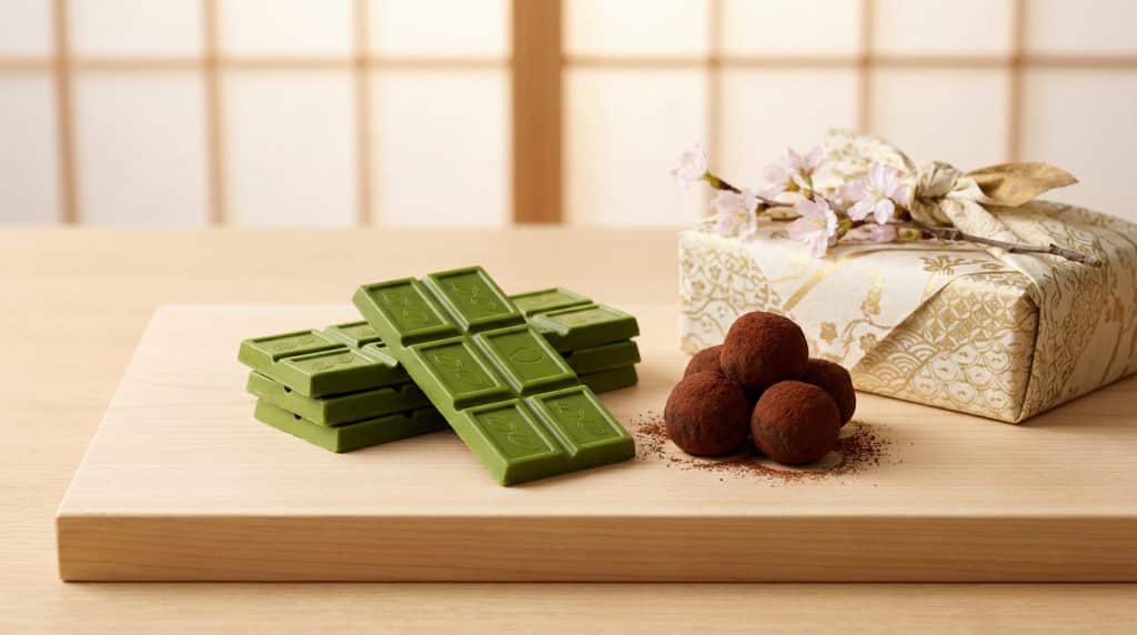 Tablettes de chocolat au matcha et truffes au cacao posées sur une planche en bois avec un cadeau japonais.