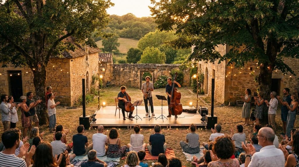 Un trio de musiciens jouant sur une scène extérieure devant un public au coucher du soleil dans le Périgord.