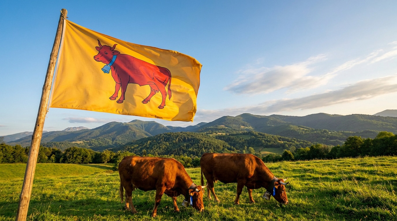 john-towner-3Kv48NS4WUU-unsplash Drapeau du Béarn flottant sur un mât au-dessus d'un champ avec des vaches dans les Pyrénées.