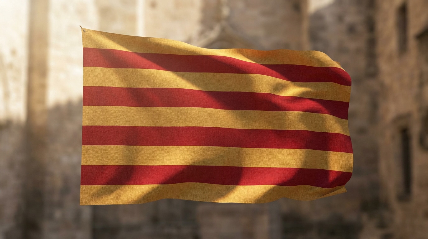 Le drapeau de la Catalogne, la Senyera, flottant au vent avec un bâtiment historique flou en arrière-plan.