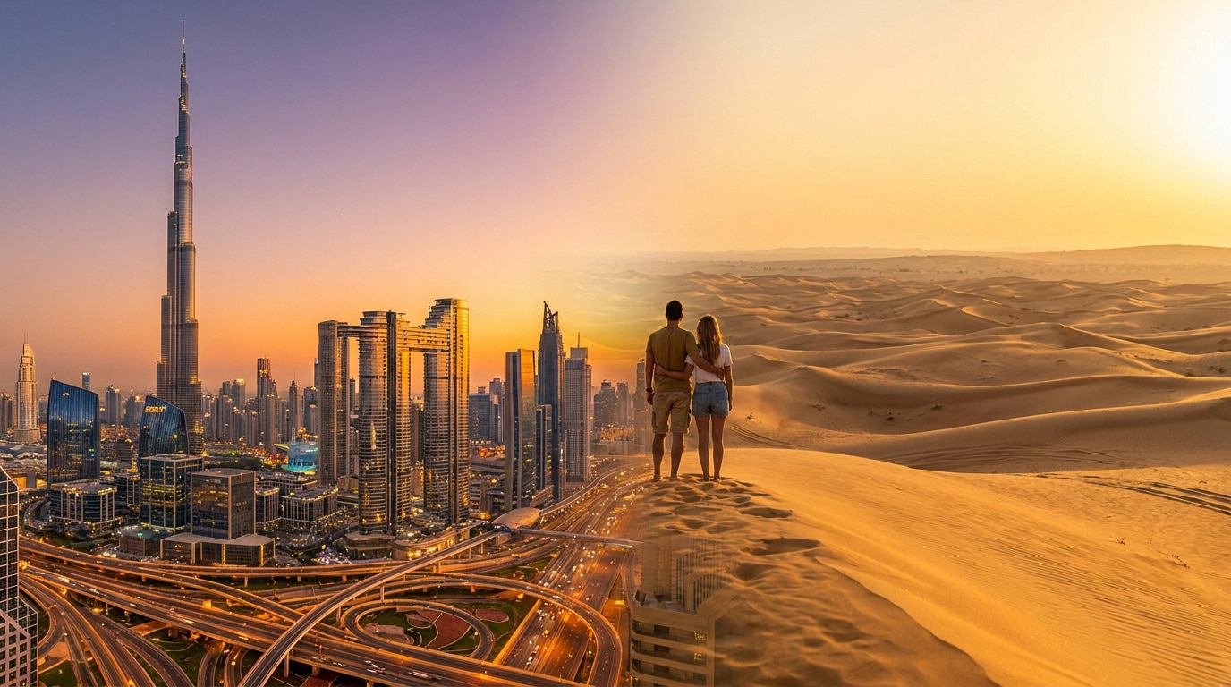 john-towner-3Kv48NS4WUU-unsplash Un couple contemple la fusion entre la skyline de Dubaï avec le Burj Khalifa et un paysage de dunes au coucher du soleil.