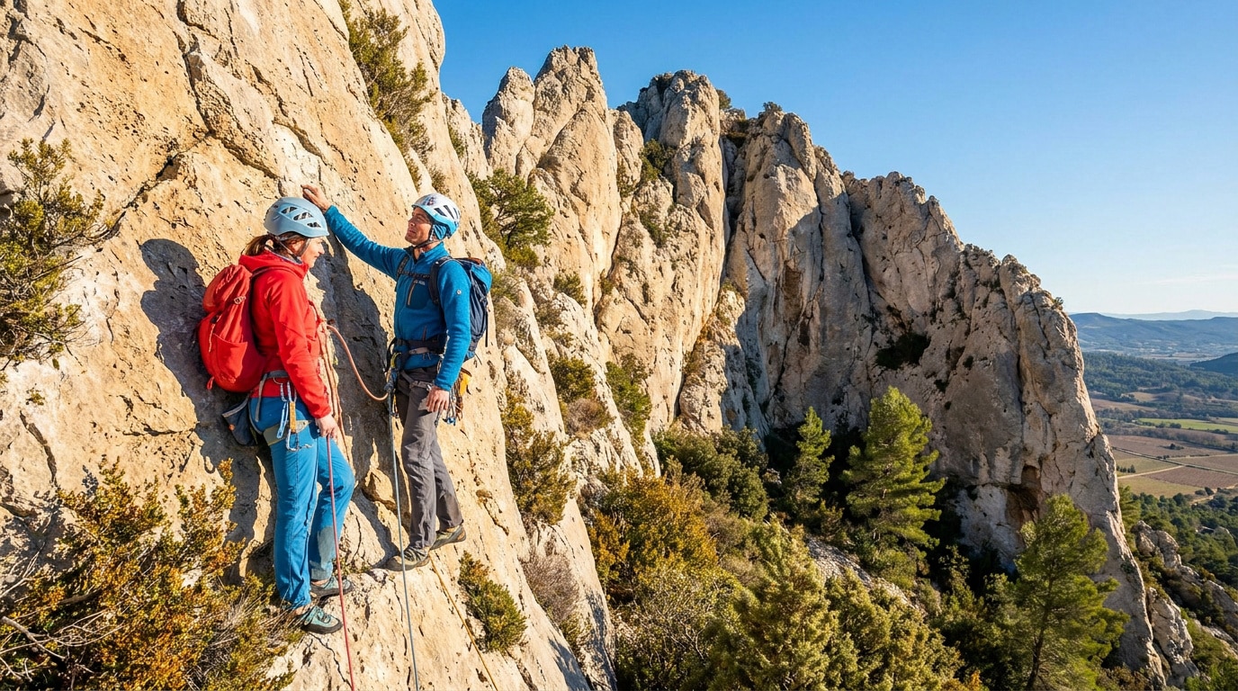 Un couple d'alpinistes en tenue d'escalade équipé de casques et de cordes sur une paroi rocheuse ensoleillée.