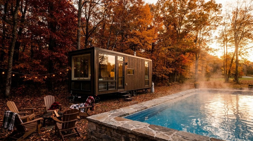 Une mini-maison moderne au bord d'une piscine fumante entourée d'une forêt aux couleurs d'automne.