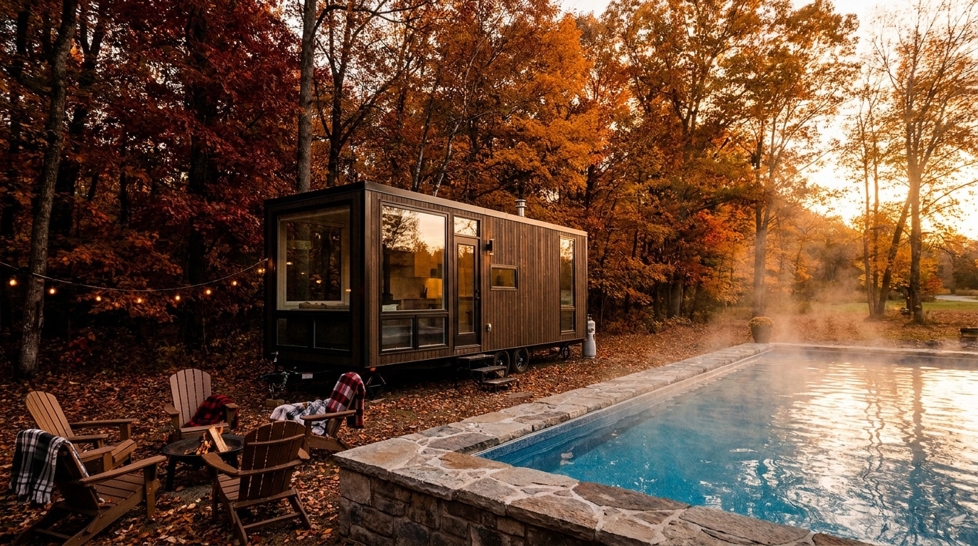john-towner-3Kv48NS4WUU-unsplash Une mini-maison moderne au bord d'une piscine fumante entourée d'une forêt aux couleurs d'automne.