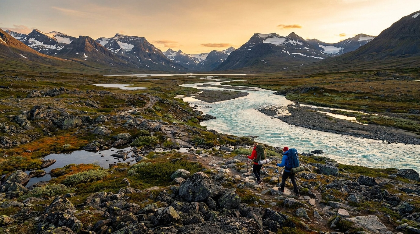 Deux randonneurs avec sacs à dos marchant sur un sentier rocheux face à une rivière et des montagnes enneigées au crépuscule.