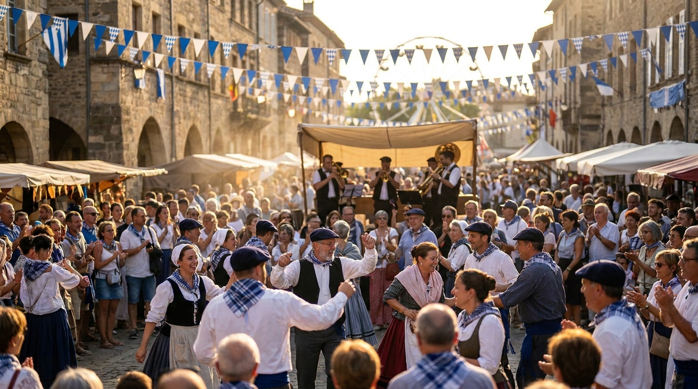 Danseurs en costumes traditionnels dans une rue pavée animée lors des fêtes de la Madeleine, sous des guirlandes.