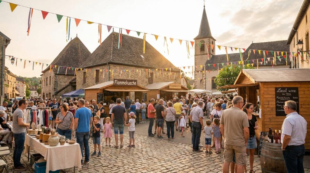 Une fête de village animée en Moselle avec des stands en bois, des guirlandes colorées et une église en arrière-plan.
