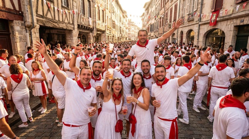 Groupe de jeunes festayres en blanc et rouge célébrant dans une rue pavée et animée lors des Fêtes de Bayonne.