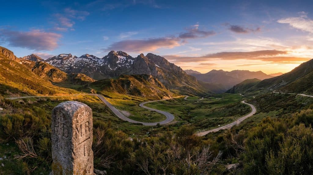 Borne frontière en pierre au premier plan avec une route sinueuse traversant des montagnes enneigées au coucher du soleil.