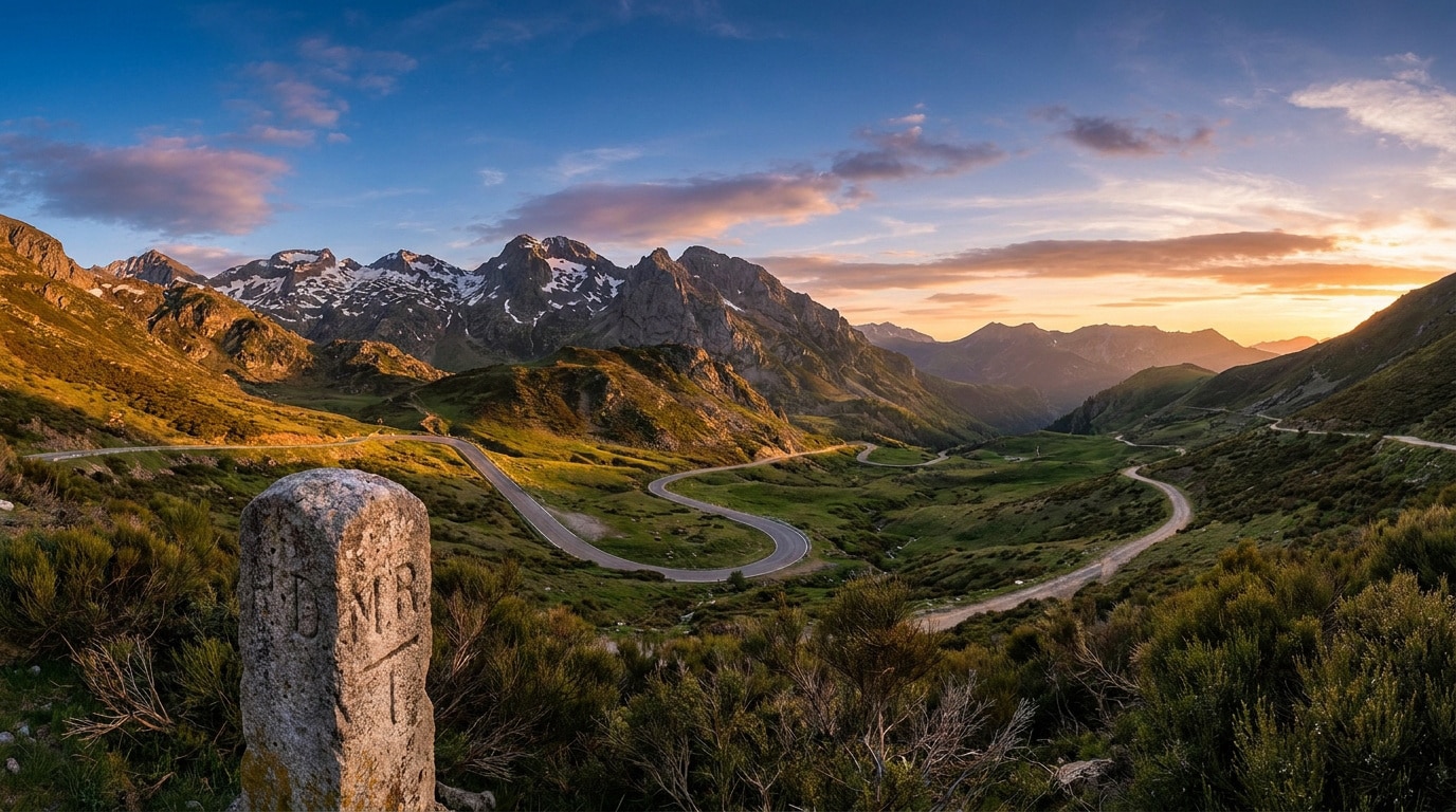 john-towner-3Kv48NS4WUU-unsplash Borne frontière en pierre au premier plan avec une route sinueuse traversant des montagnes enneigées au coucher du soleil.