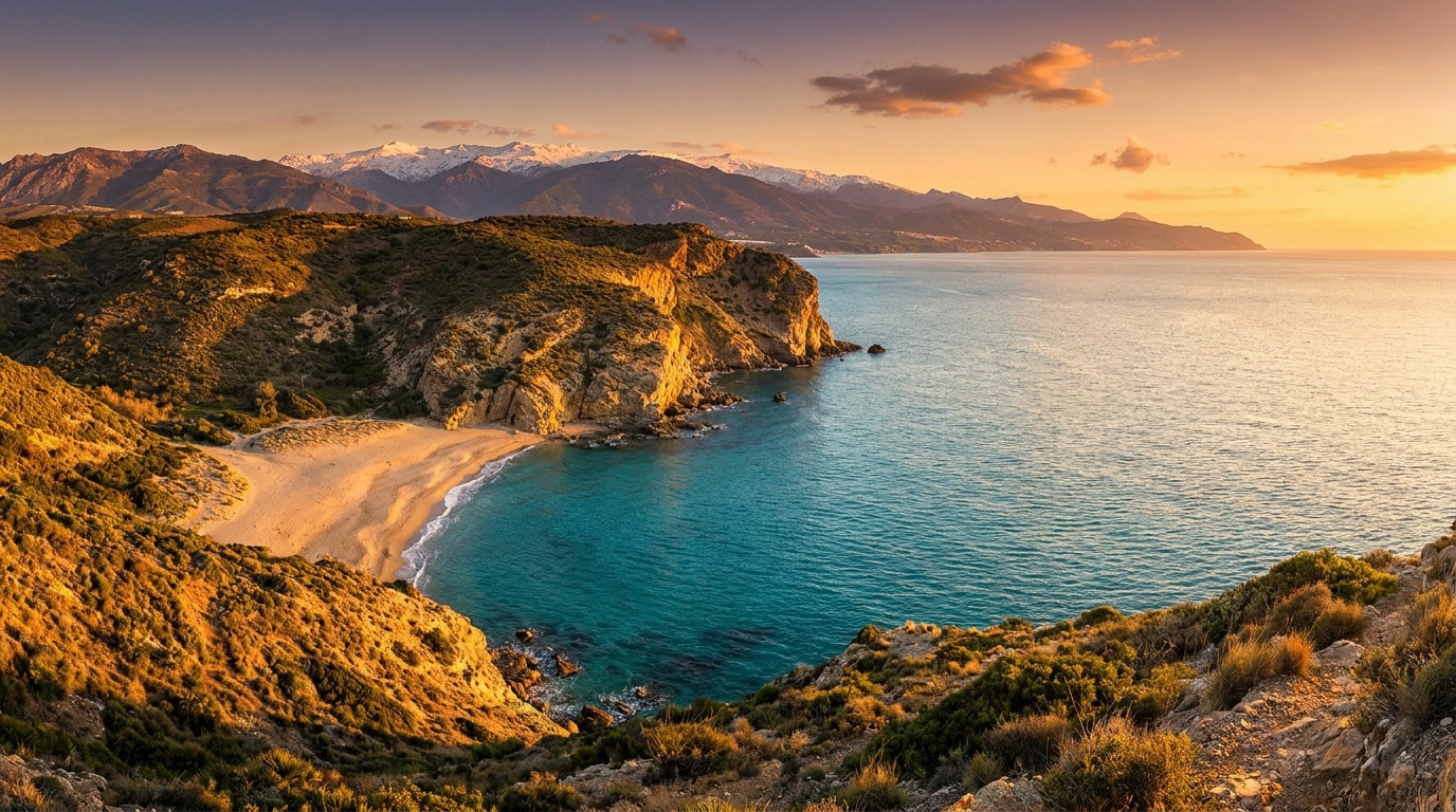Une crique sauvage avec plage de sable doré nichée au pied de montagnes enneigées sous une lumière dorée de coucher.