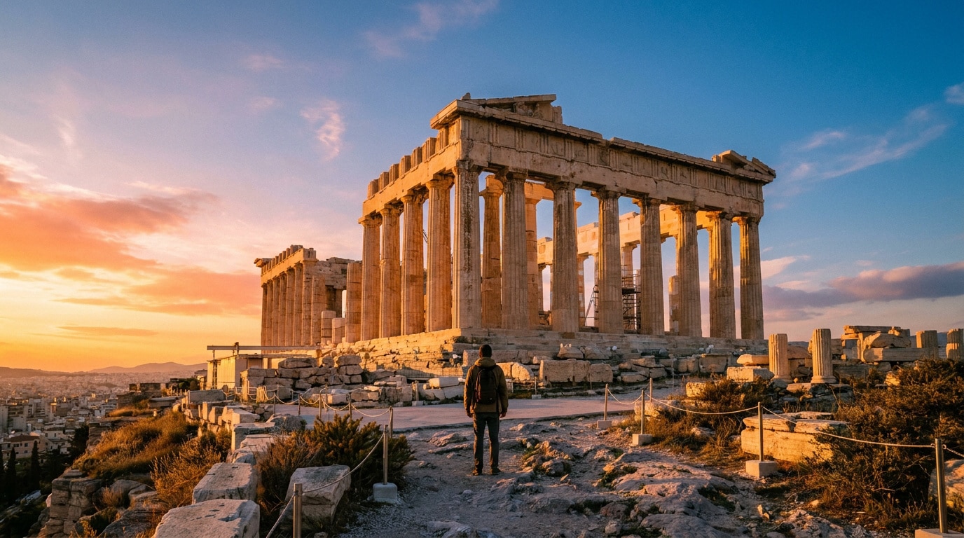 Un voyageur regarde le Parthénon à Athènes sous un ciel doré au crépuscule.