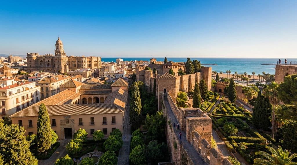 Vue aérienne de la forteresse de l'Alcazaba avec la cathédrale de Malaga et la mer Méditerranée en arrière-plan.