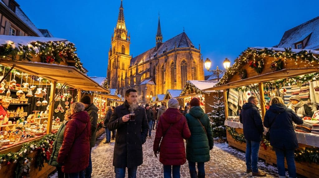 Marché de Noël enneigé à Thann avec chalets illuminés et la collégiale Saint-Thiébaut en arrière-plan à la tombée de la nuit.