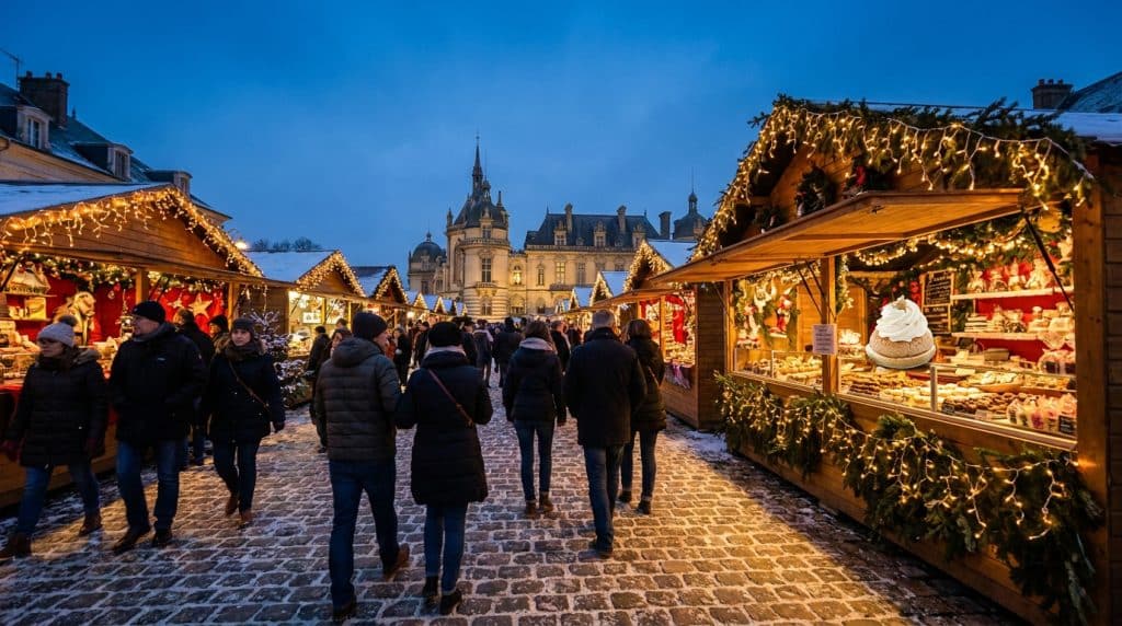 Marché de Noël avec des chalets en bois illuminés devant le Château de Chantilly sous un ciel crépusculaire.