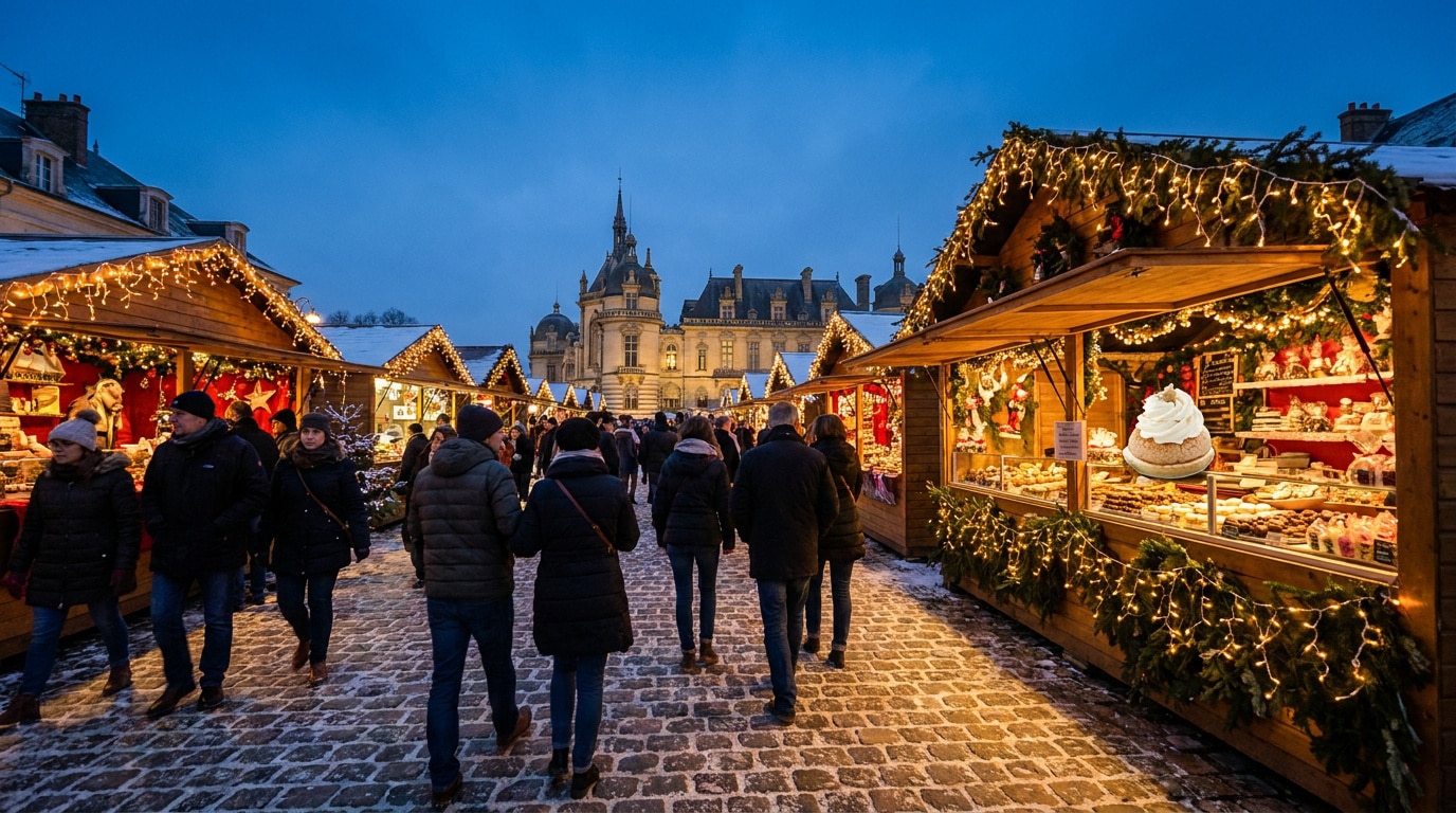 john-towner-3Kv48NS4WUU-unsplash Marché de Noël avec des chalets en bois illuminés devant le Château de Chantilly sous un ciel crépusculaire.