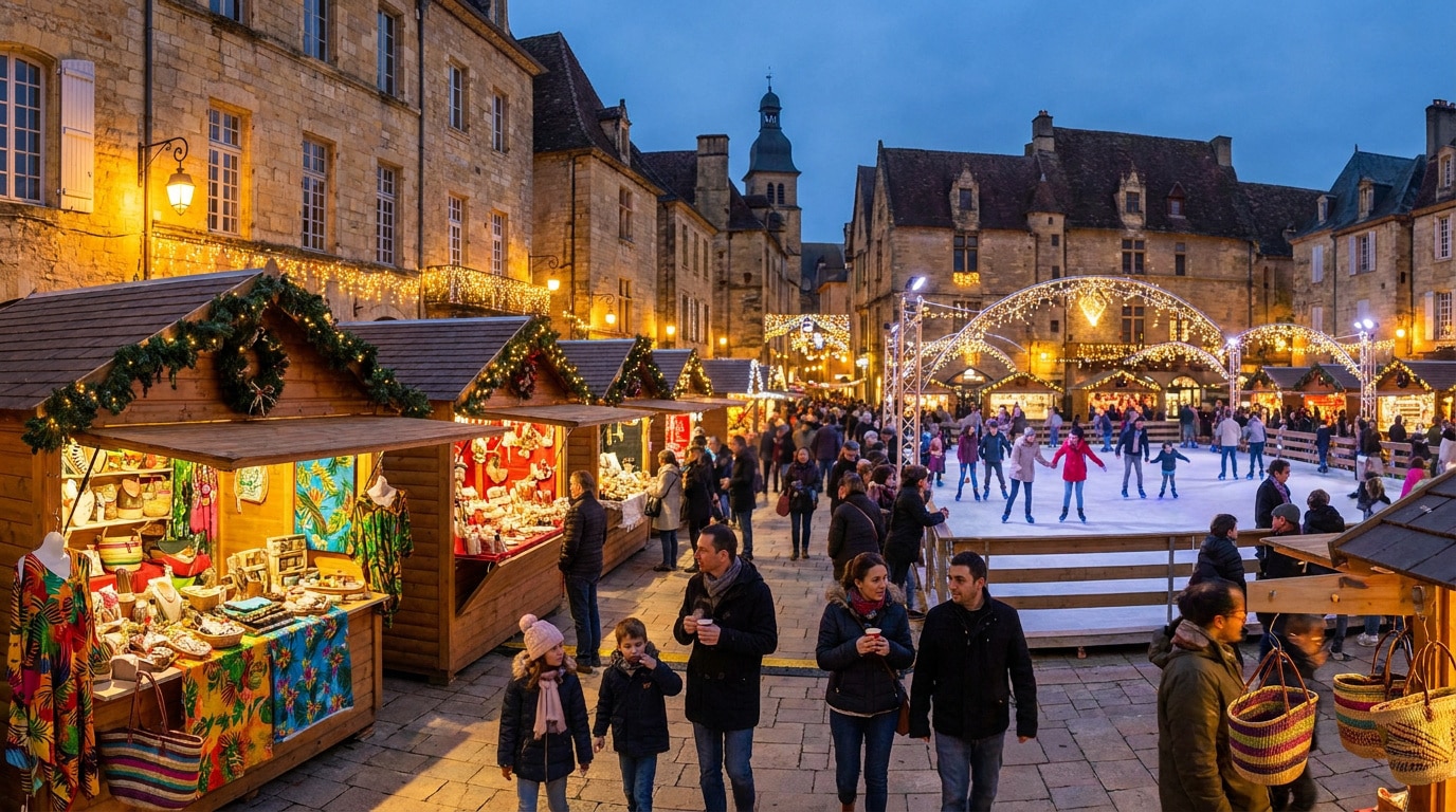 Stands de marché de Noël et patinoire sur une place historique à Sarlat avec des décorations tropicales.