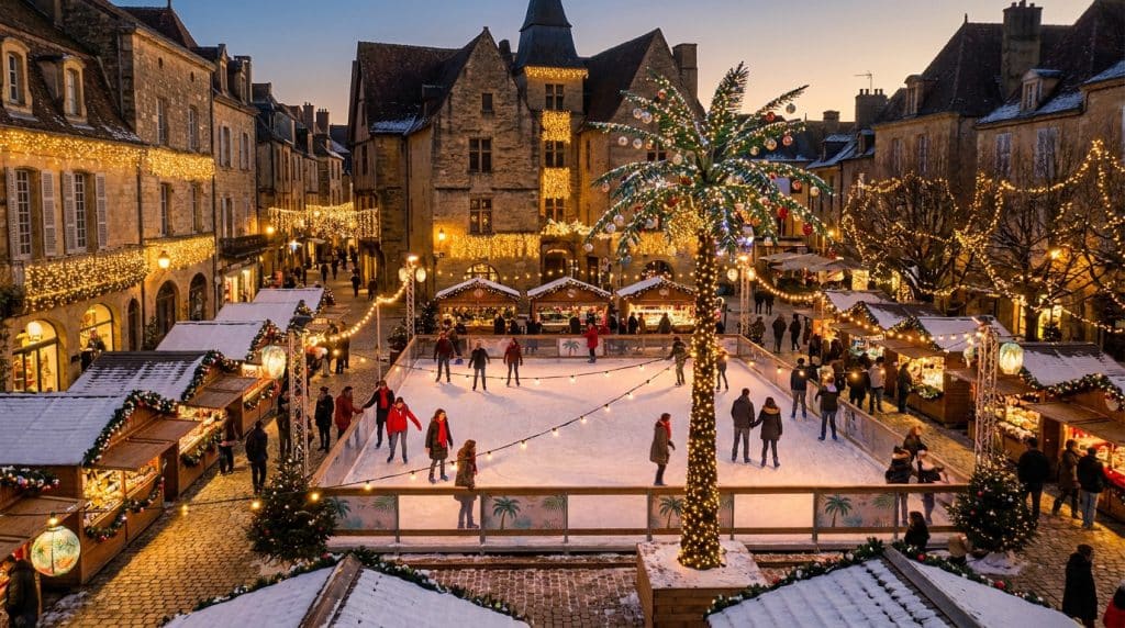 Patinoire au cœur du marché de Noël illuminé de Sarlat avec un palmier lumineux au centre.