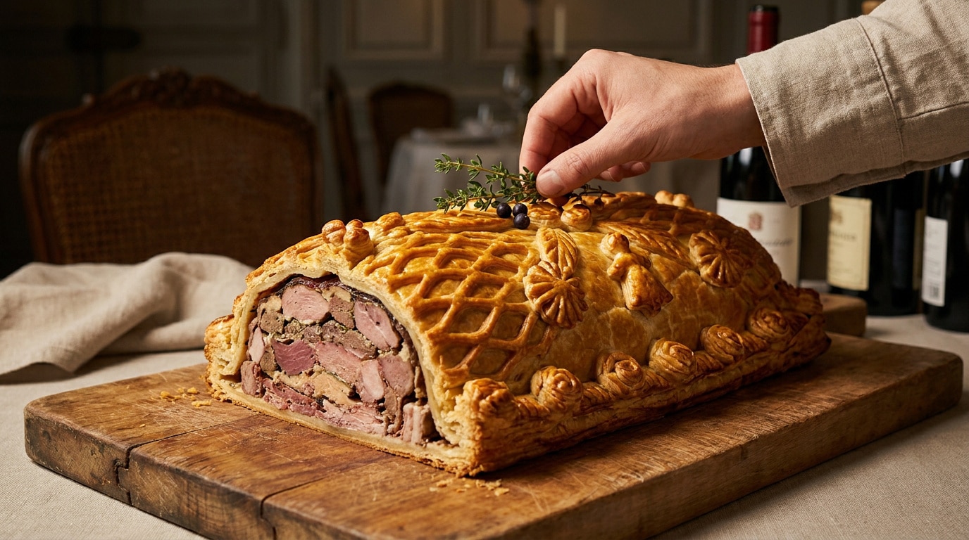 Une main dépose une branche de thym sur un somptueux pâté en croûte richement décoré sur une planche en bois.
