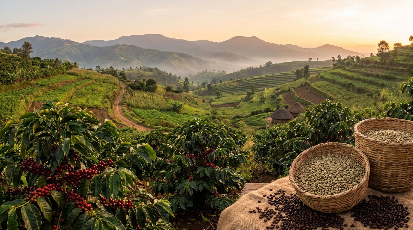Vue panoramique sur des collines éthiopiennes plantées de caféiers avec des paniers de grains au premier plan.