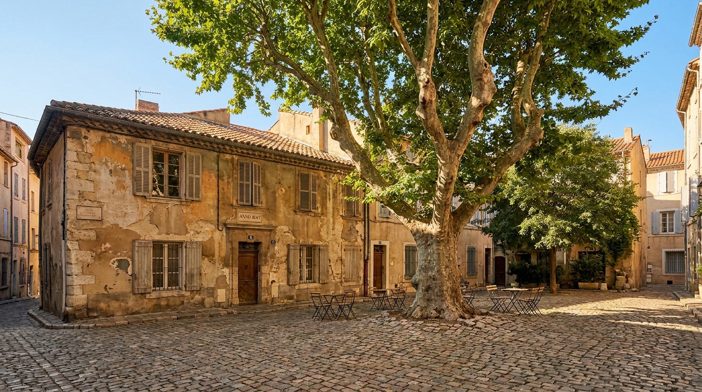 john-towner-3Kv48NS4WUU-unsplash Place pavée historique du Panier avec un grand arbre et des façades anciennes datant de 1647 à Marseille.