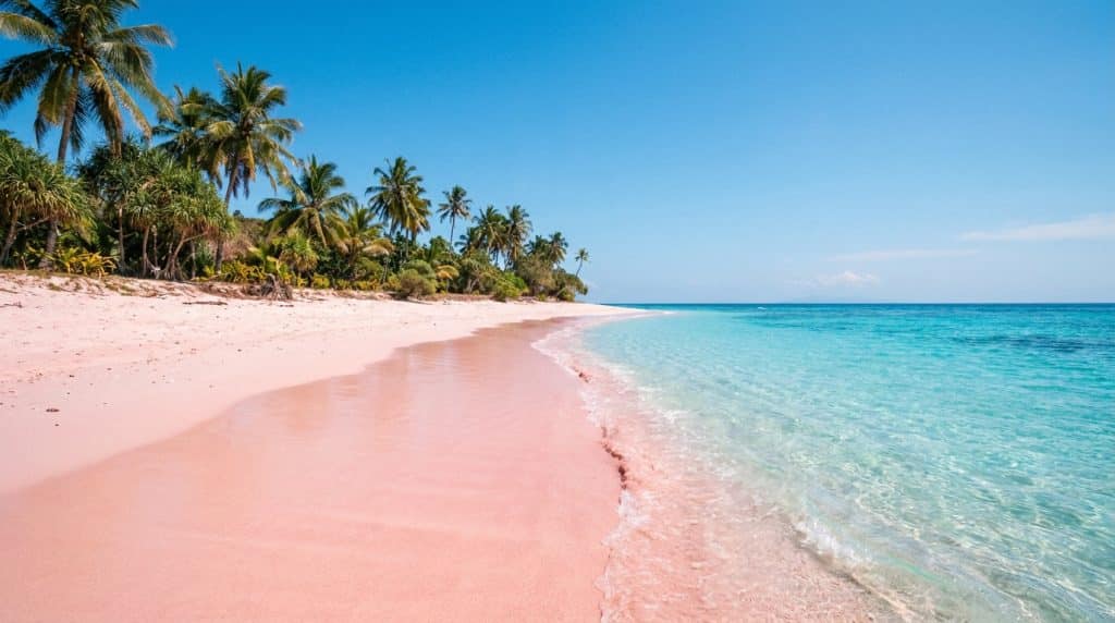 Vue sur une plage de sable rose éclatant bordée de palmiers tropicaux et d'une mer turquoise sous un ciel bleu clair.