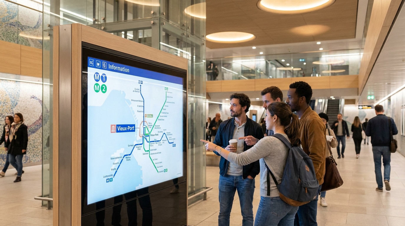 Un groupe d'amis consulte un plan interactif du métro marseillais dans une station moderne.