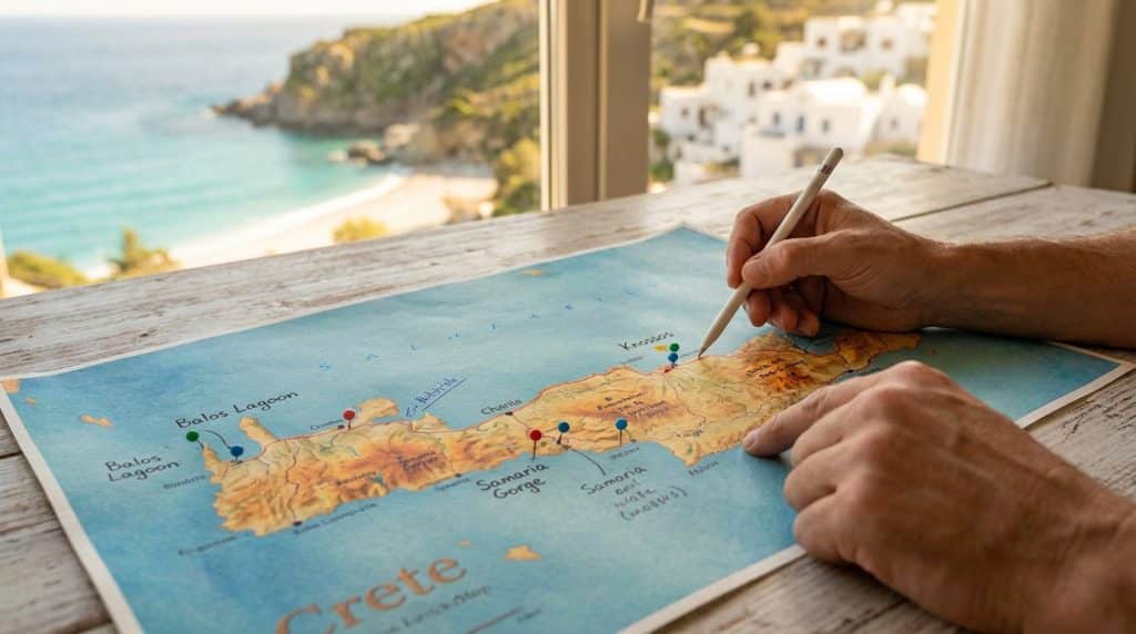 Mains posées sur une carte de la Crète marquée par des punaises, avec une vue sur une plage en arrière-plan.