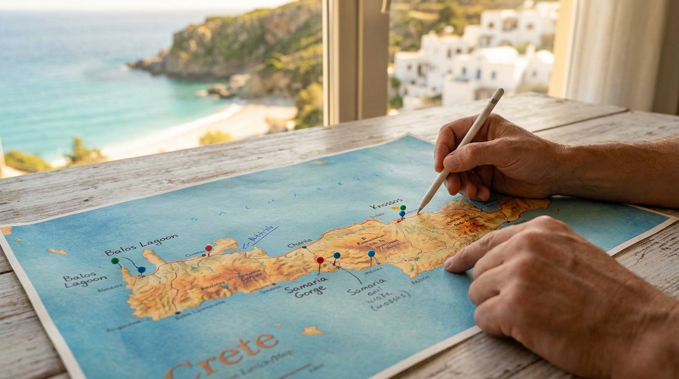 Mains posées sur une carte de la Crète marquée par des punaises, avec une vue sur une plage en arrière-plan.