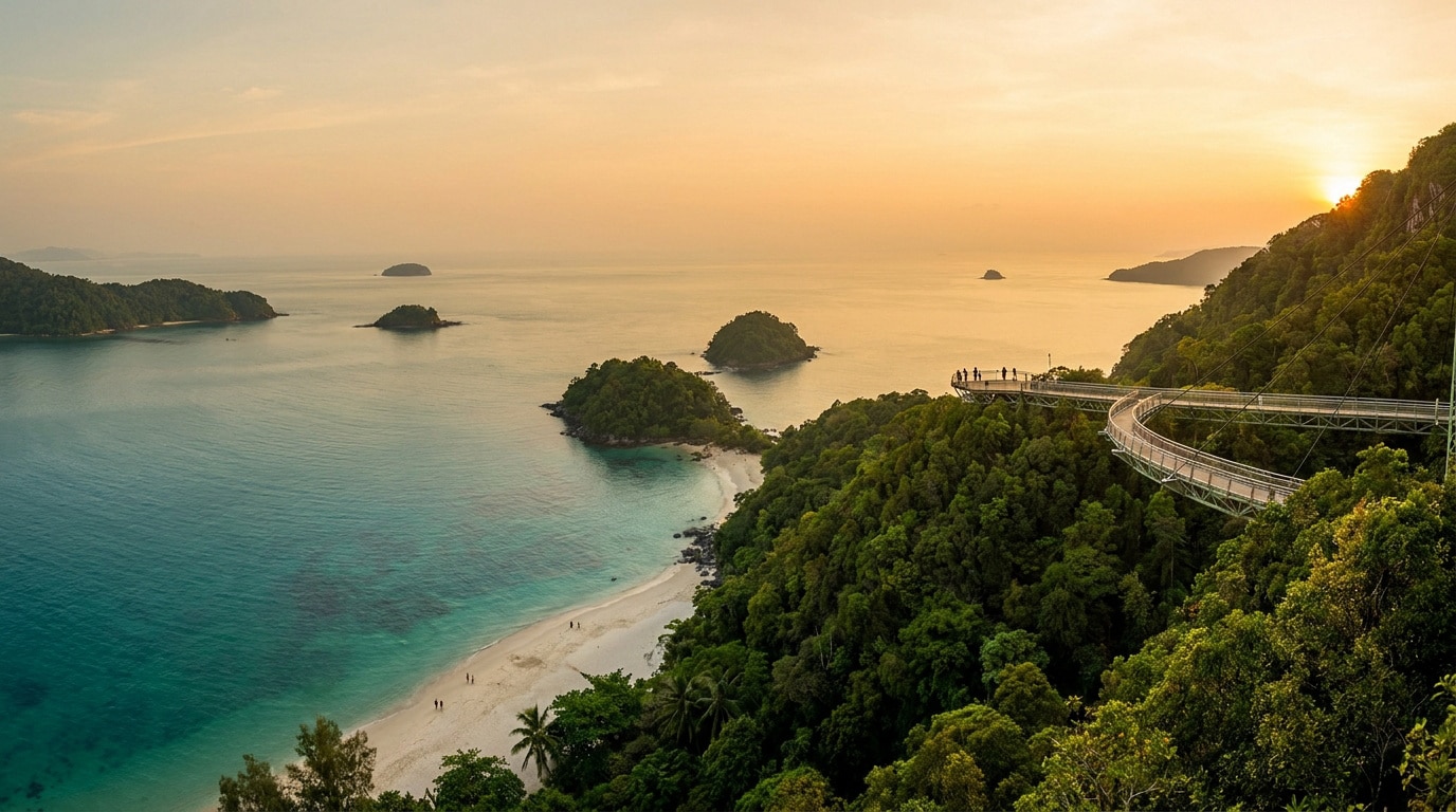Vue panoramique du Sky Bridge de Langkawi surplombant une plage de sable blanc et une mer turquoise au coucher du soleil.