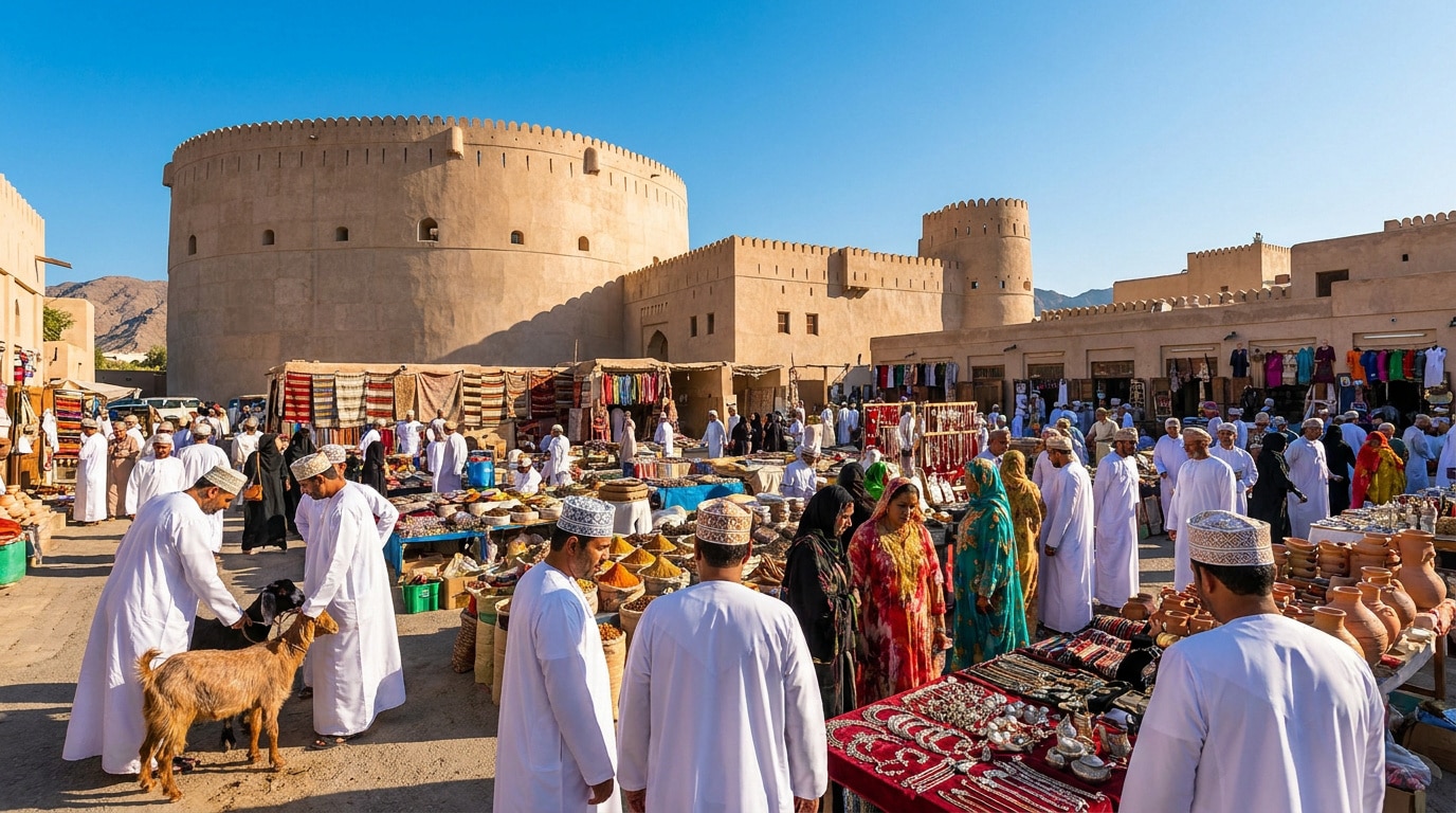 Hommes en dishdasha et femmes en vêtements colorés au marché animé de Nizwa devant le fort historique.
