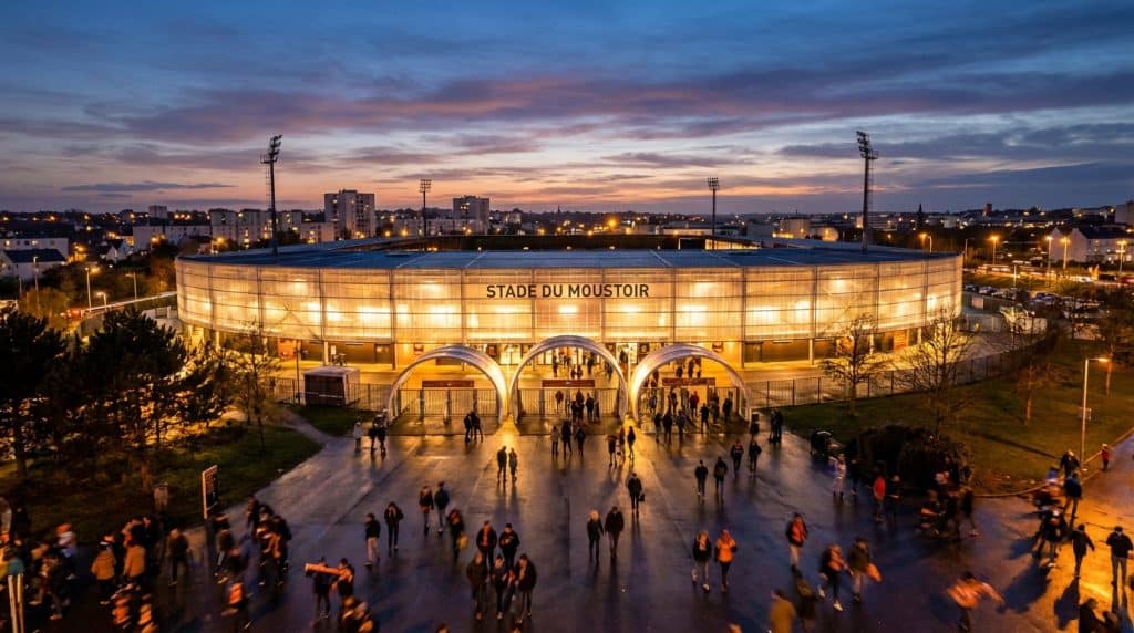 Vue aérienne du Stade du Moustoir à Lorient illuminé au coucher du soleil avec des supporters entrant dans l'enceinte.