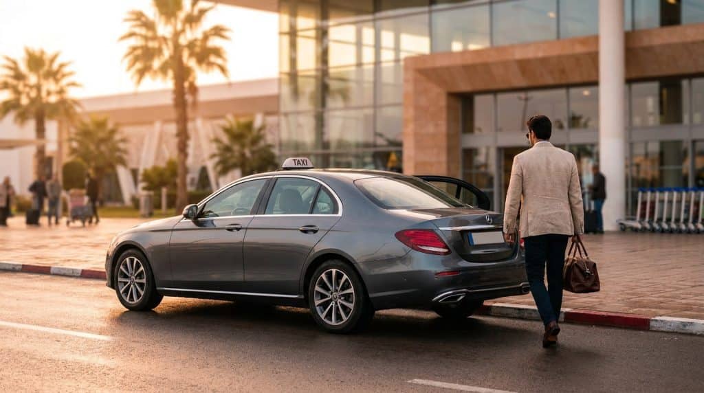 Un voyageur d'affaires marchant vers un taxi gris devant l'aéroport de Casablanca au coucher du soleil.