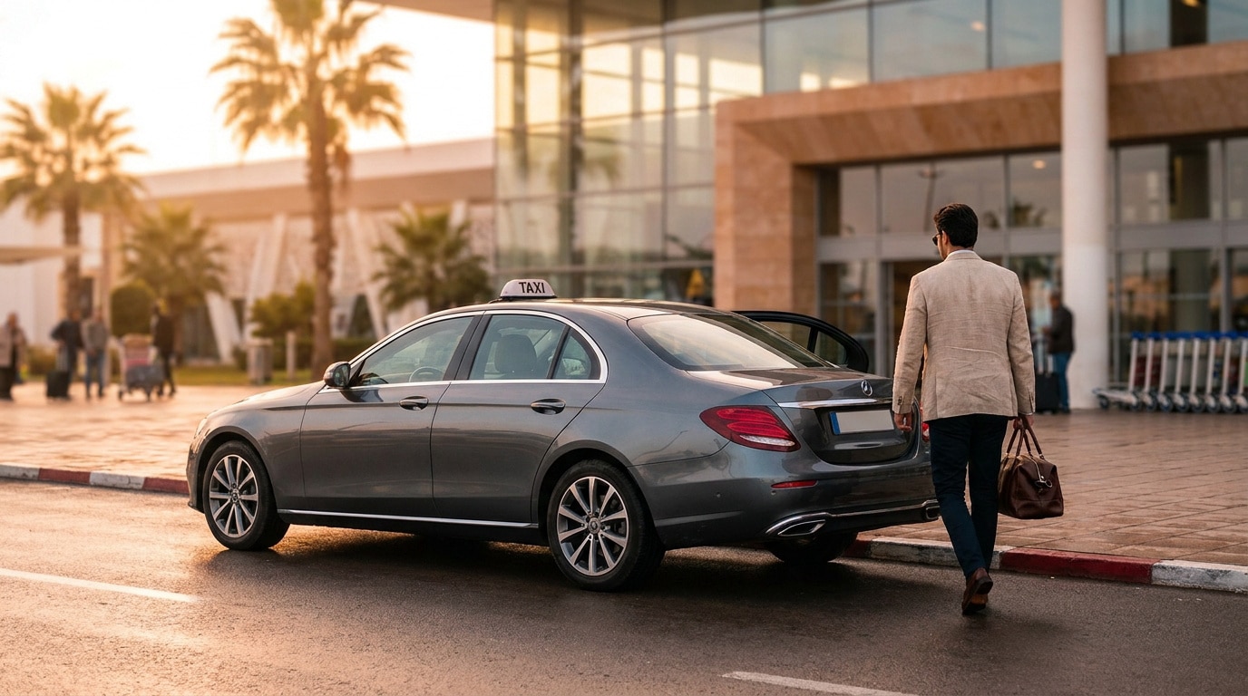 john-towner-3Kv48NS4WUU-unsplash Un voyageur d'affaires marchant vers un taxi gris devant l'aéroport de Casablanca au coucher du soleil.